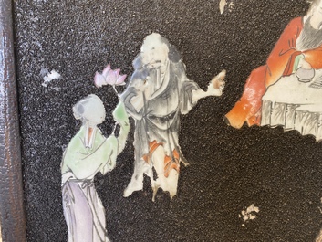 A pair of Chinese famille rose black gravel-ground plaques, Jiaqing